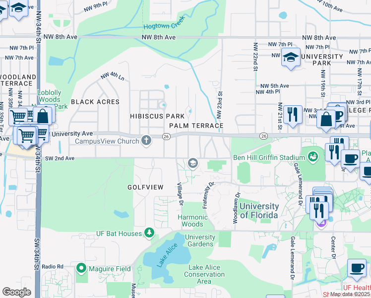 map of restaurants, bars, coffee shops, grocery stores, and more near 106 Southwest 24 Street in Gainesville