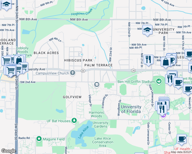 map of restaurants, bars, coffee shops, grocery stores, and more near 111 Southwest 24 Street in Gainesville