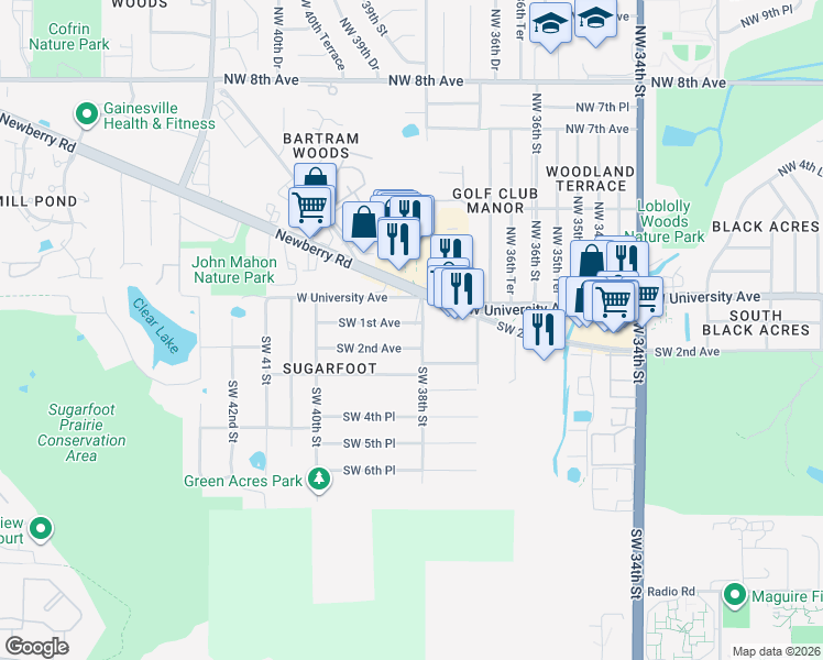 map of restaurants, bars, coffee shops, grocery stores, and more near 3817 Southwest 2nd Avenue in Gainesville