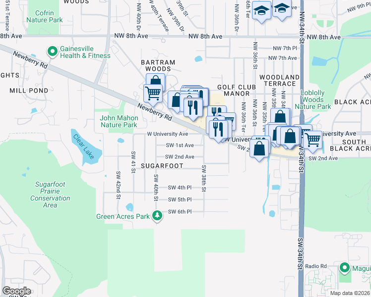 map of restaurants, bars, coffee shops, grocery stores, and more near 3829 Southwest 2nd Avenue in Gainesville