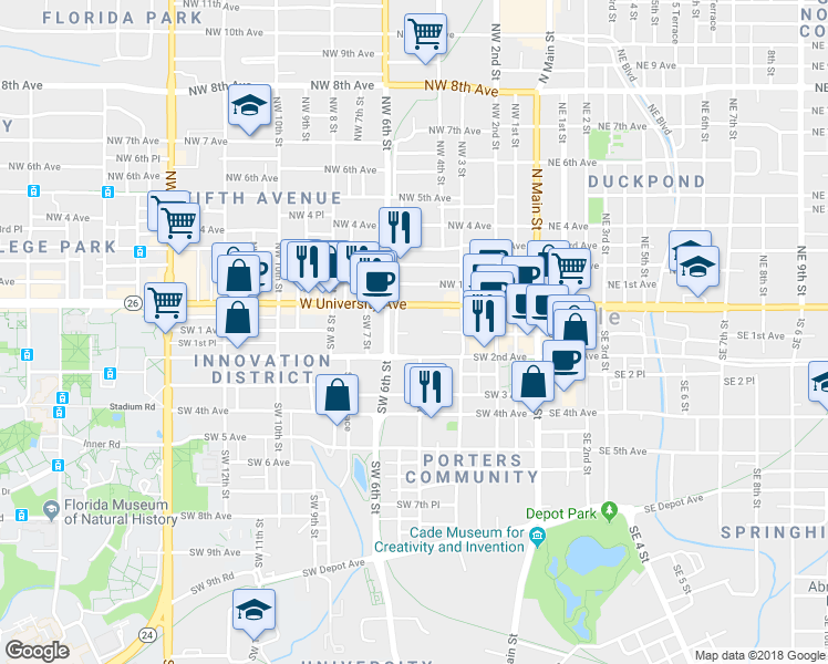 map of restaurants, bars, coffee shops, grocery stores, and more near in Gainesville