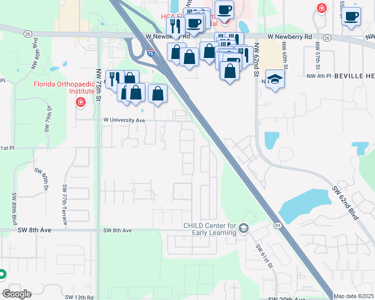 map of restaurants, bars, coffee shops, grocery stores, and more near 521 Kings Court in Gainesville