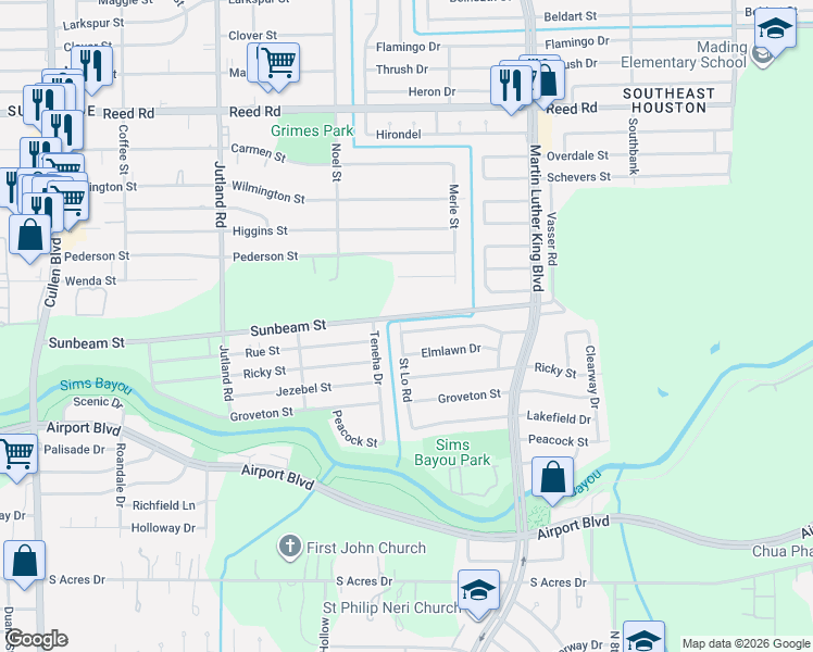 map of restaurants, bars, coffee shops, grocery stores, and more near 5503 Elmlawn Drive in Houston