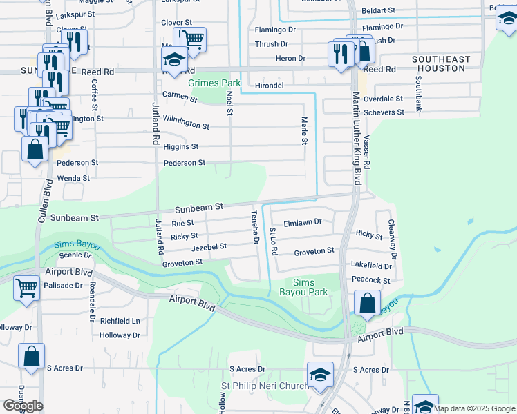 map of restaurants, bars, coffee shops, grocery stores, and more near 10124 Teneha Drive in Houston