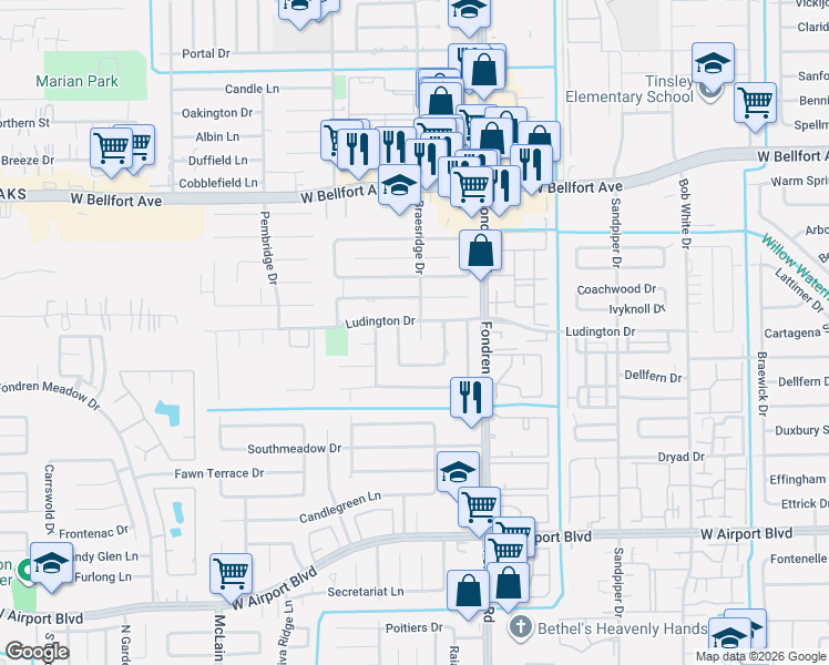 map of restaurants, bars, coffee shops, grocery stores, and more near 11818 Braesridge Drive in Houston