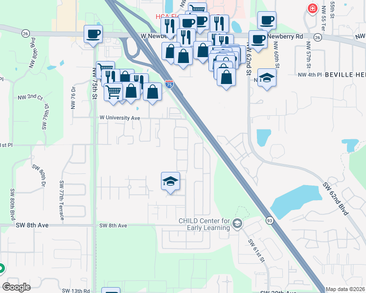 map of restaurants, bars, coffee shops, grocery stores, and more near 6815 West University Avenue in Gainesville