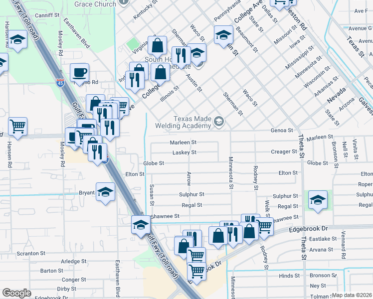 map of restaurants, bars, coffee shops, grocery stores, and more near 1230 Laskey Street in Houston