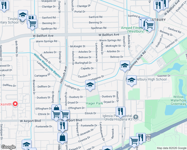 map of restaurants, bars, coffee shops, grocery stores, and more near 5707 Cartagena Street in Houston