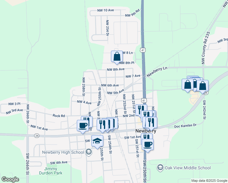 map of restaurants, bars, coffee shops, grocery stores, and more near 510 Northwest 253 Street in Newberry
