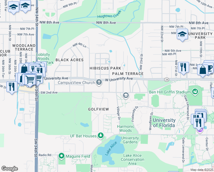 map of restaurants, bars, coffee shops, grocery stores, and more near 2612 Southwest 2nd Avenue in Gainesville