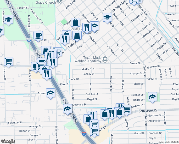 map of restaurants, bars, coffee shops, grocery stores, and more near 1230 Laskey Street in Houston