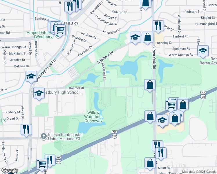 map of restaurants, bars, coffee shops, grocery stores, and more near 5251 Gasmer Drive in Houston