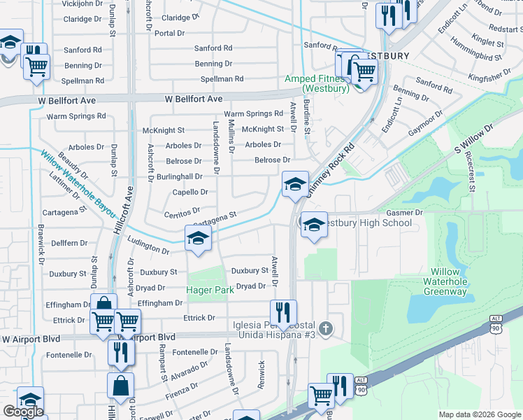 map of restaurants, bars, coffee shops, grocery stores, and more near 5606 Ludington Drive in Houston