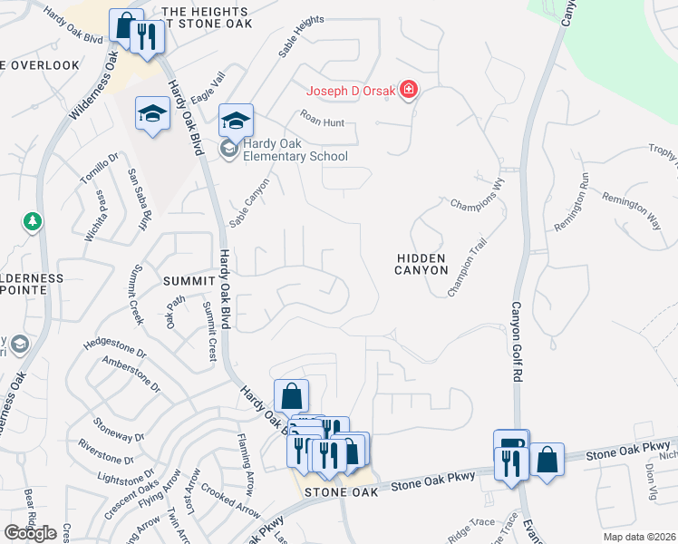 map of restaurants, bars, coffee shops, grocery stores, and more near 515 Mesa Walk in San Antonio
