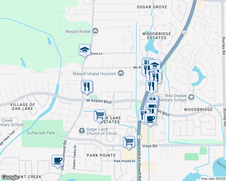 map of restaurants, bars, coffee shops, grocery stores, and more near 11410 Oak Lake Ridge Court in Sugar Land
