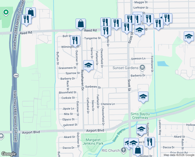 map of restaurants, bars, coffee shops, grocery stores, and more near 3398 Barberry Drive in Houston