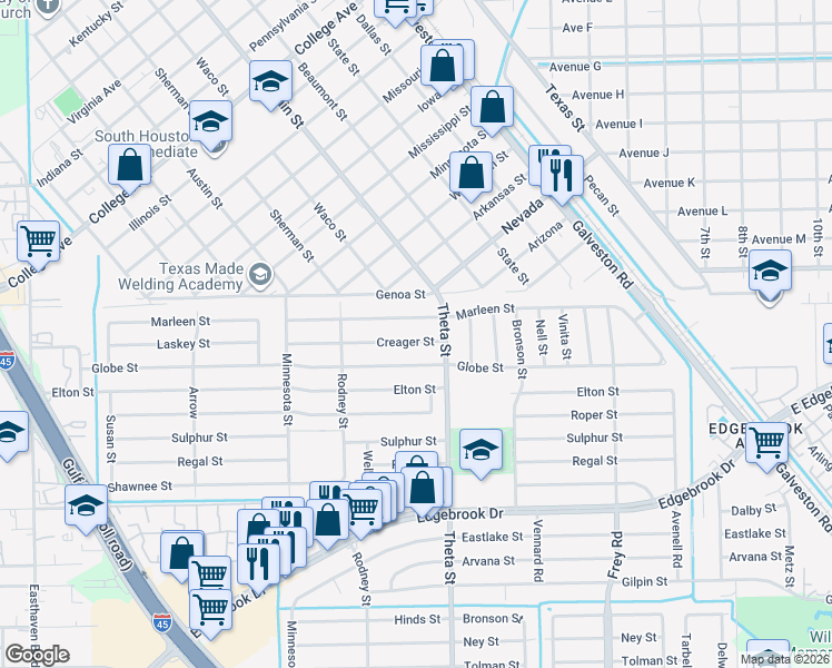 map of restaurants, bars, coffee shops, grocery stores, and more near 835 Globe Street in Houston