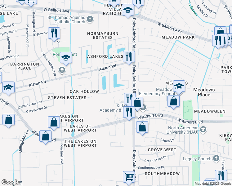 map of restaurants, bars, coffee shops, grocery stores, and more near 12411 Maily Meadow Lane in Sugar Land