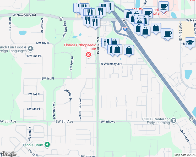 map of restaurants, bars, coffee shops, grocery stores, and more near 201 Southwest 75th Street in Gainesville