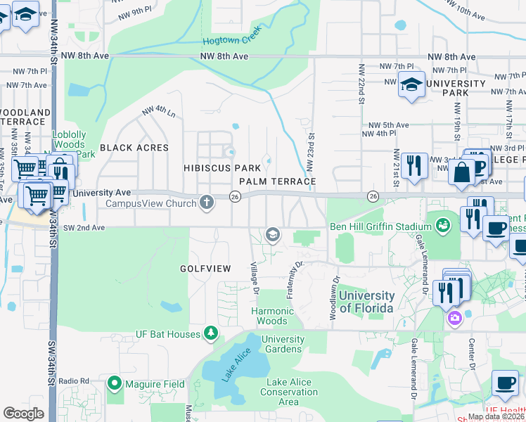 map of restaurants, bars, coffee shops, grocery stores, and more near 34 Southwest 24 Street in Gainesville