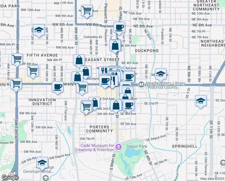 map of restaurants, bars, coffee shops, grocery stores, and more near 100-112 West University Avenue in Gainesville