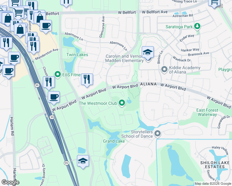 map of restaurants, bars, coffee shops, grocery stores, and more near 18114 Shimmer Lane in Richmond