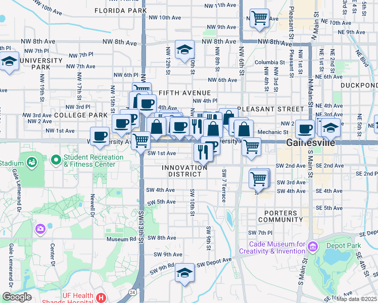 map of restaurants, bars, coffee shops, grocery stores, and more near in Gainesville