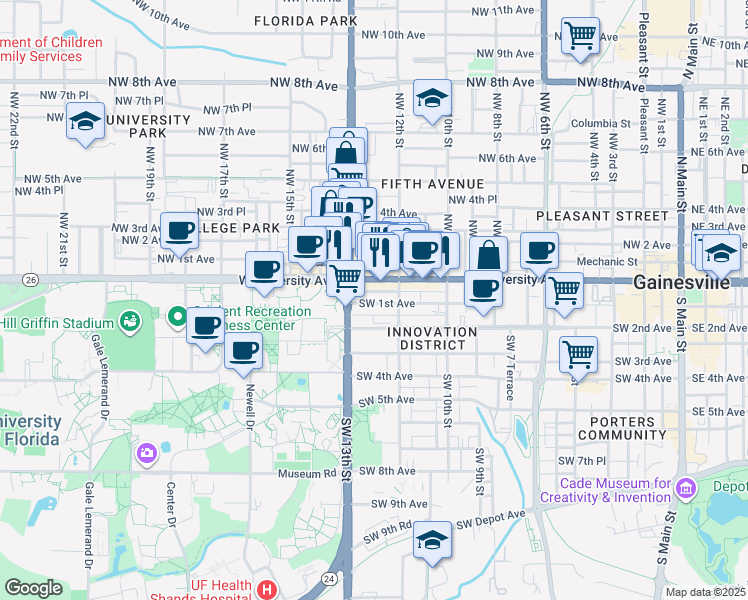 map of restaurants, bars, coffee shops, grocery stores, and more near 1223 West University Avenue in Gainesville