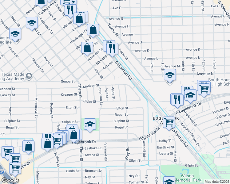 map of restaurants, bars, coffee shops, grocery stores, and more near 2110 Vinita Street in Houston