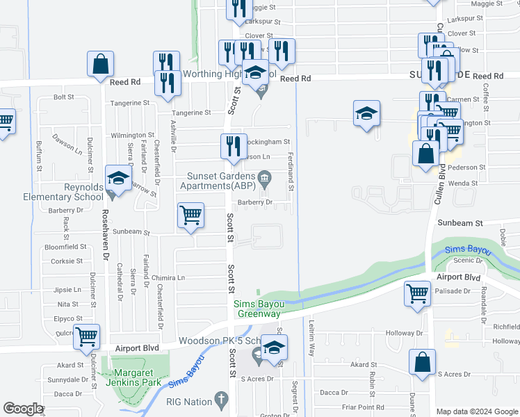 map of restaurants, bars, coffee shops, grocery stores, and more near 4127 Barberry Drive in Houston