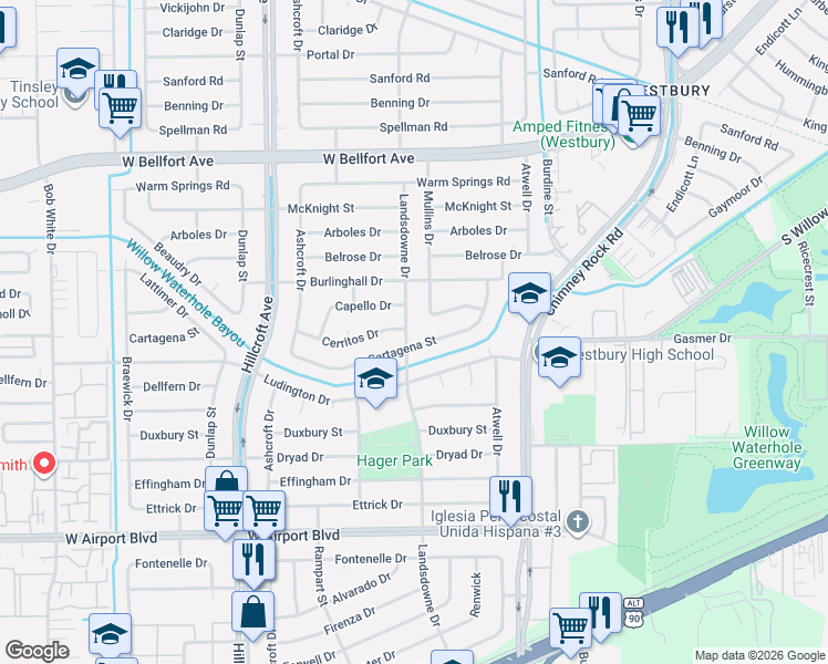 map of restaurants, bars, coffee shops, grocery stores, and more near 11616-11628 Landsdowne Drive in Houston