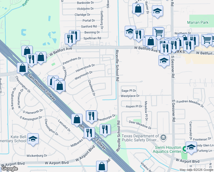 map of restaurants, bars, coffee shops, grocery stores, and more near 8722 Sterlingame Drive in Houston