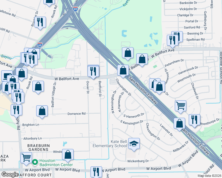 map of restaurants, bars, coffee shops, grocery stores, and more near 11702 North Kensington Drive in Houston