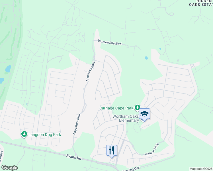 map of restaurants, bars, coffee shops, grocery stores, and more near 22626 Carriage Bluff in San Antonio