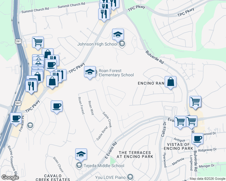 map of restaurants, bars, coffee shops, grocery stores, and more near 141 Gazelle Court in San Antonio