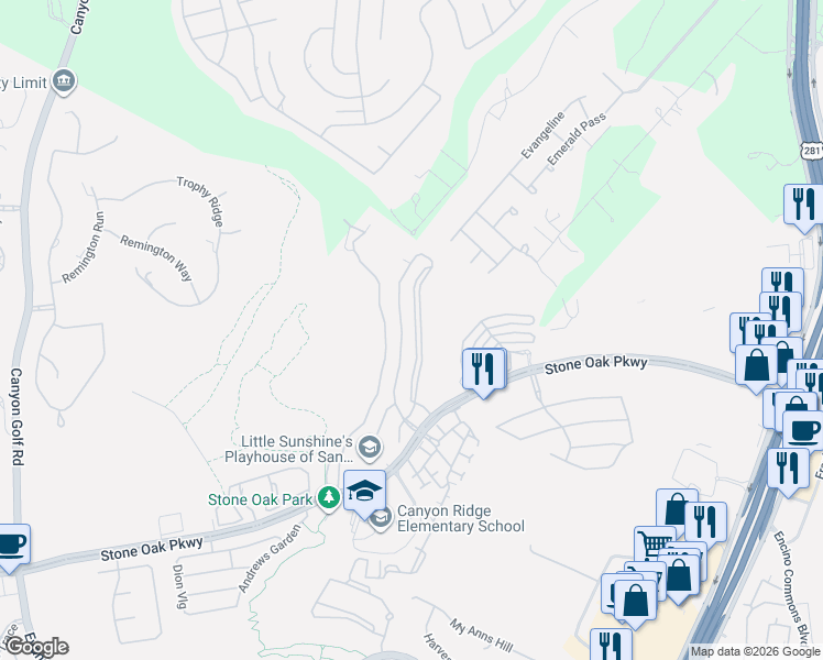 map of restaurants, bars, coffee shops, grocery stores, and more near 1710 Oakland Bend in San Antonio