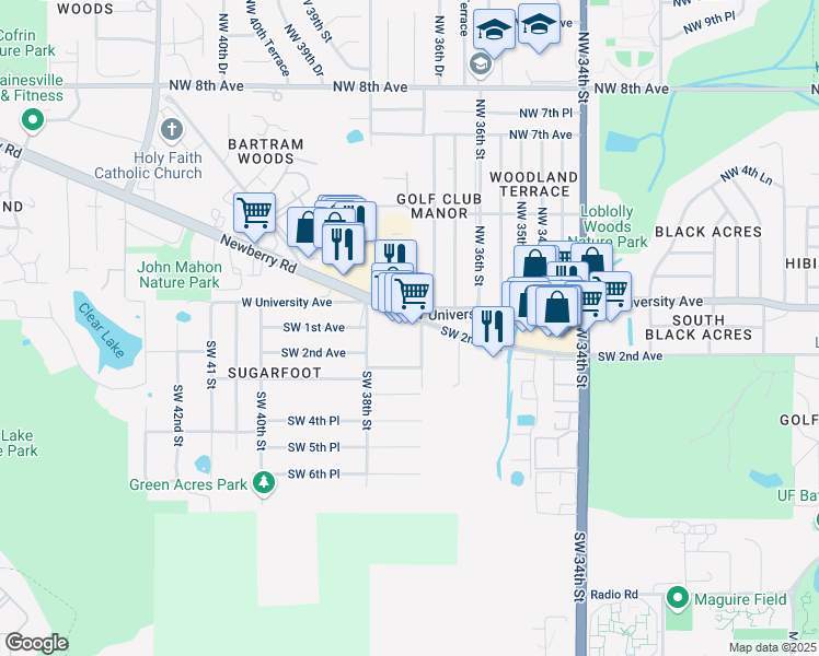 map of restaurants, bars, coffee shops, grocery stores, and more near 3727 West University Avenue in Gainesville