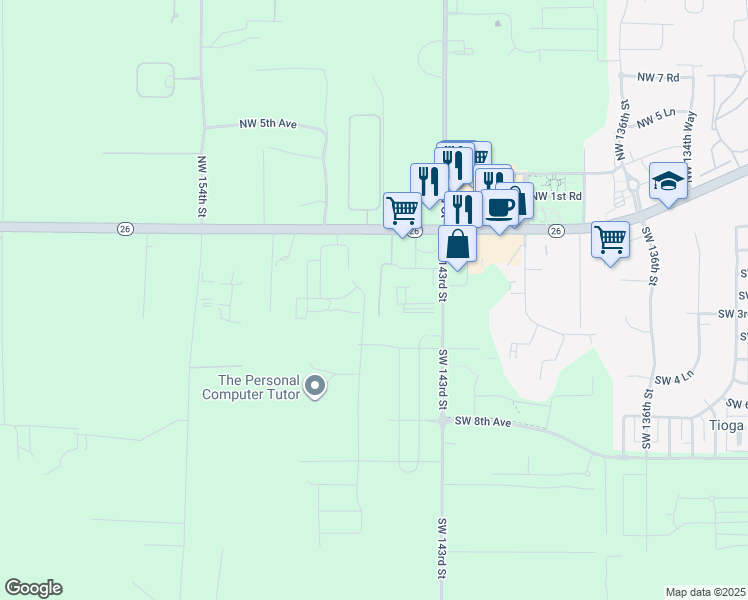 map of restaurants, bars, coffee shops, grocery stores, and more near 151 Southwest 145th Drive in Newberry