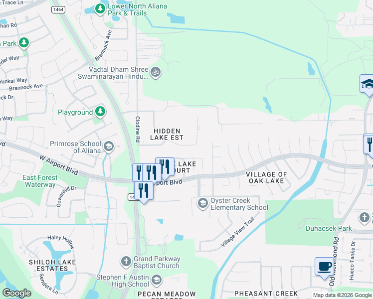 map of restaurants, bars, coffee shops, grocery stores, and more near 16410 Pecan Drive in Sugar Land