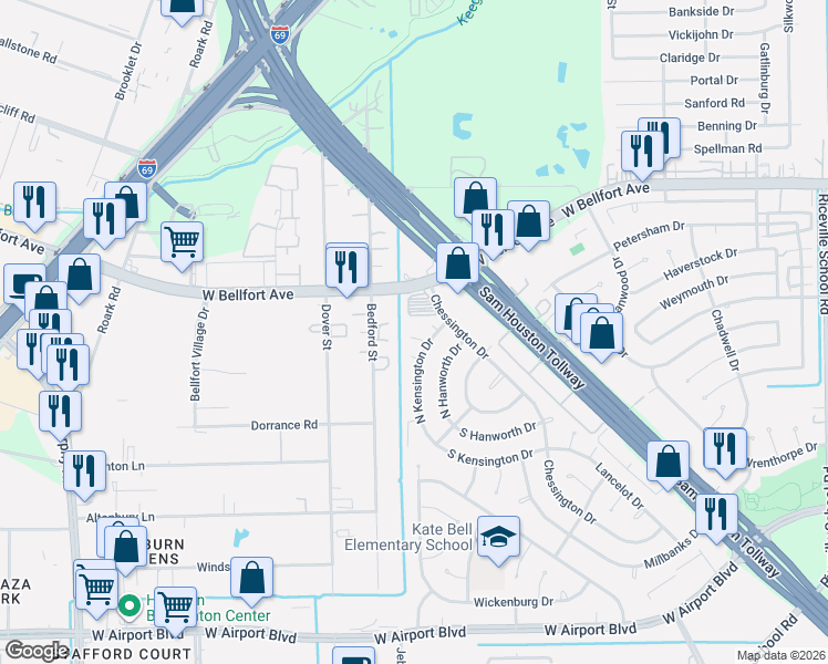 map of restaurants, bars, coffee shops, grocery stores, and more near 11702 North Kensington Drive in Houston