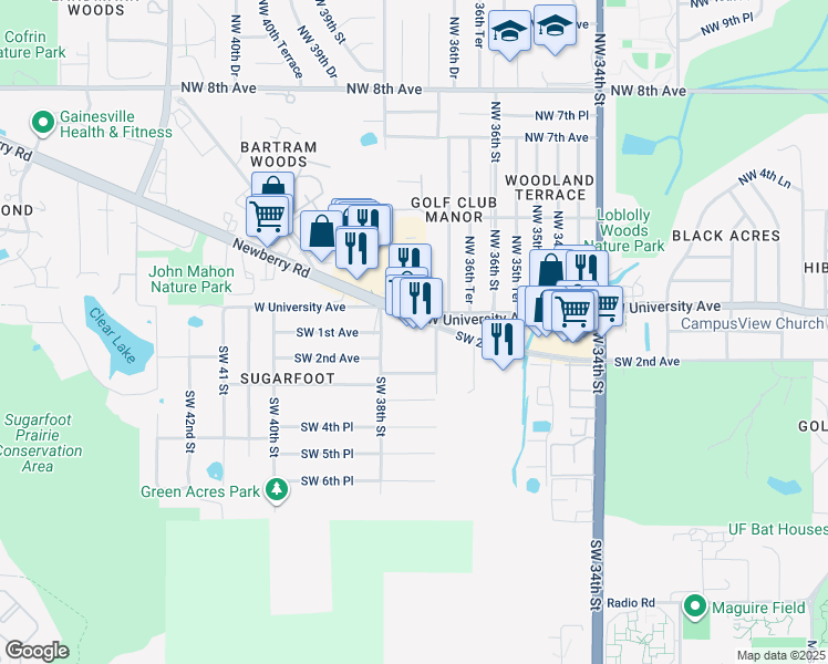 map of restaurants, bars, coffee shops, grocery stores, and more near 3727 West University Avenue in Gainesville