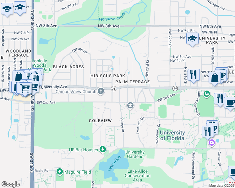 map of restaurants, bars, coffee shops, grocery stores, and more near 3 Southwest 25th Street in Gainesville