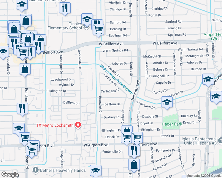 map of restaurants, bars, coffee shops, grocery stores, and more near 5951 Lattimer Drive in Houston
