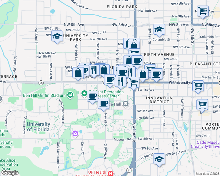 map of restaurants, bars, coffee shops, grocery stores, and more near 1545 West University Avenue in Gainesville