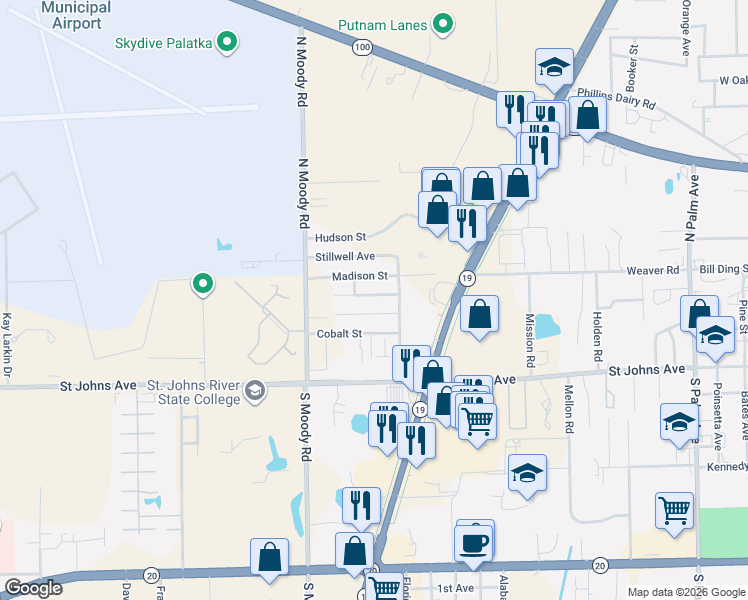 map of restaurants, bars, coffee shops, grocery stores, and more near 4409 Madison Street in Palatka