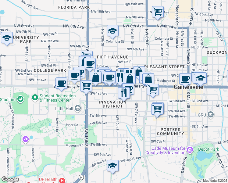 map of restaurants, bars, coffee shops, grocery stores, and more near 1012 Southwest 1st Avenue in Gainesville