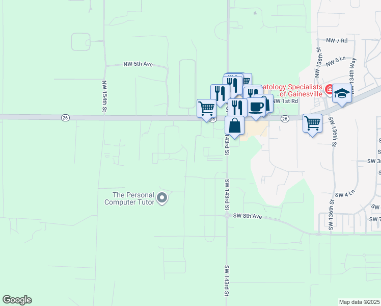 map of restaurants, bars, coffee shops, grocery stores, and more near 151 Southwest 145th Drive in Newberry