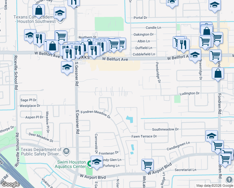 map of restaurants, bars, coffee shops, grocery stores, and more near 8242 McGee Lane in Houston
