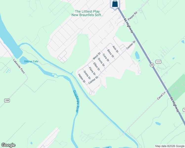map of restaurants, bars, coffee shops, grocery stores, and more near 130 Flora Street in New Braunfels