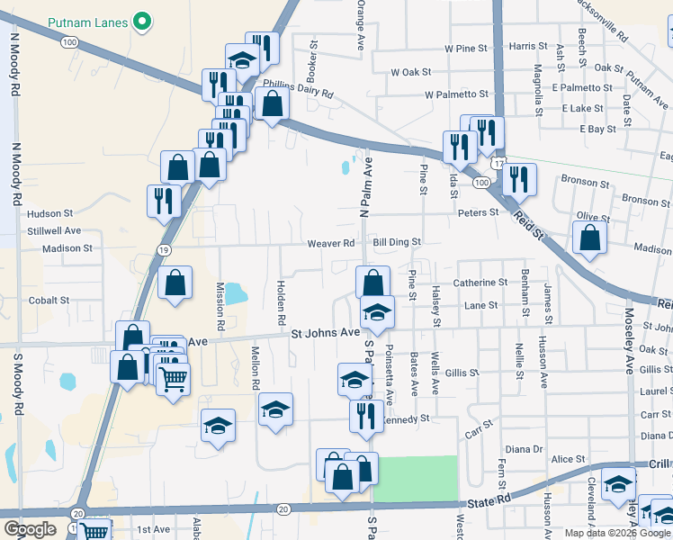 map of restaurants, bars, coffee shops, grocery stores, and more near 3318 Ross Circle in Palatka